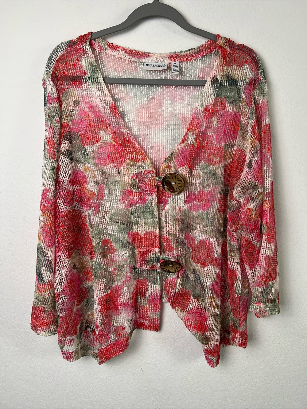 Nina Leonard Floral Pink Green Mesh Cardigan Lagenlook Vacation Beach Romantic